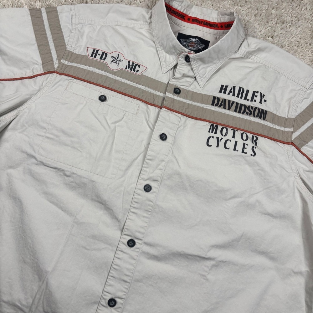 Harley-Davidson Button Down Shirt Mens XL Cream Short Sleeve Ripstop Graphic